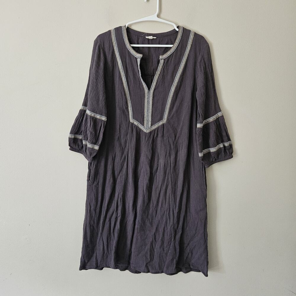 Garnet Hill Tunic Dress V Neck Size 8 Organic Cotton Embroidered Gray